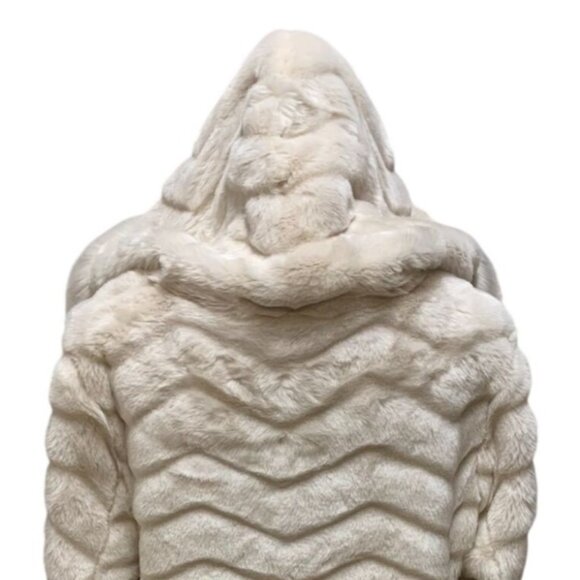DKNY Womens Faux Fur Chevron Pattern Hooded Parka Coat Ivory Beige Size XL - Picture 6 of 9